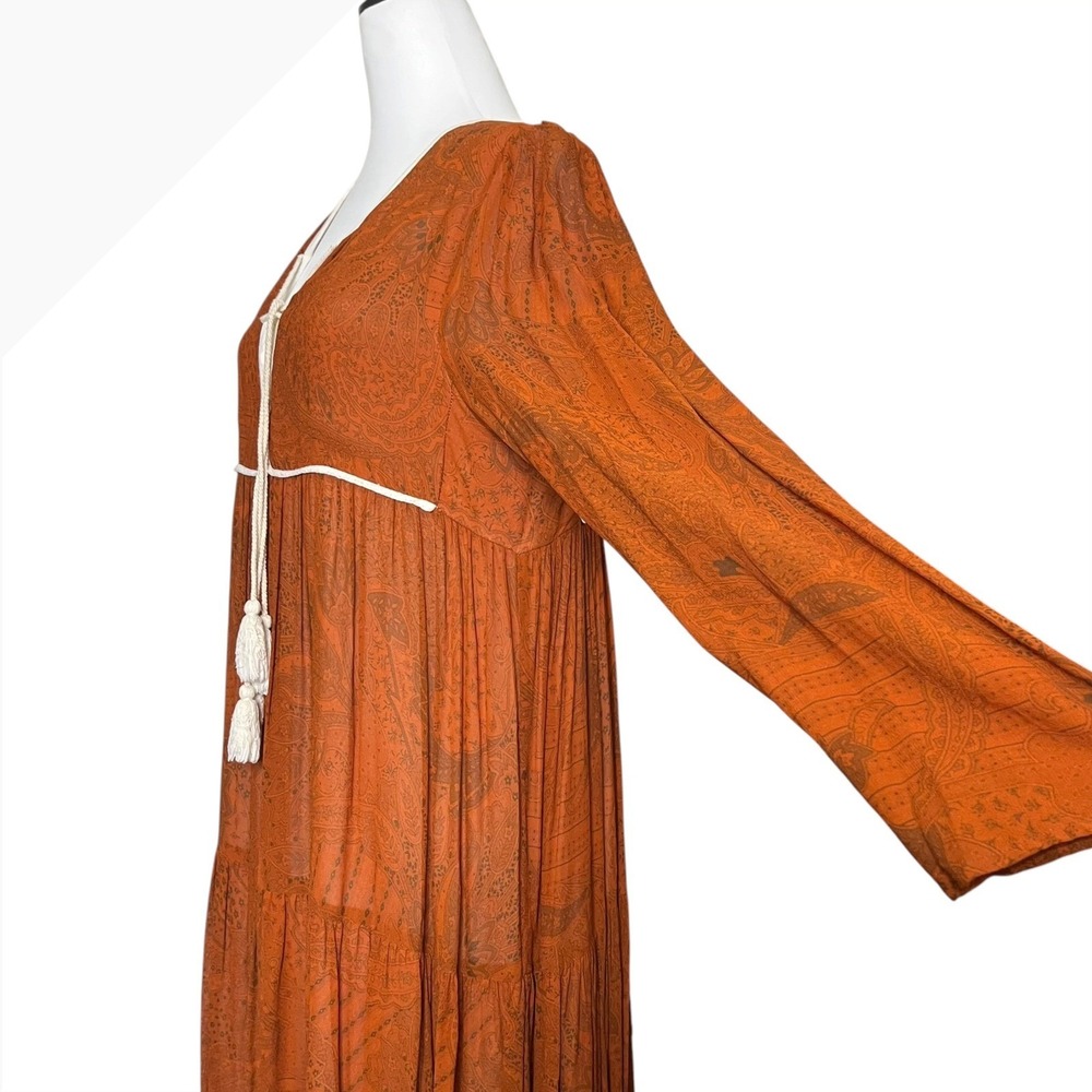 Christy Dawn Paloma Dress Womens L Rust Paisley Tiered Tassel Empire Midi Lined - Picture 6 of 9